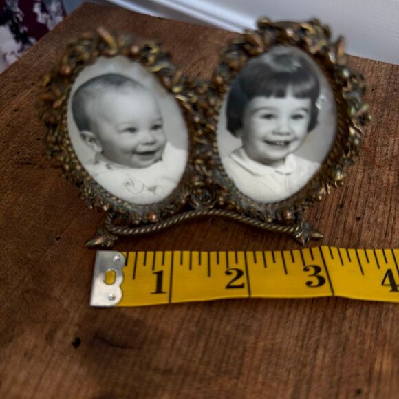 Vintage Rubbed Brass Tone Double Frame Table Top 3” x 3” - Picture 7 of 7